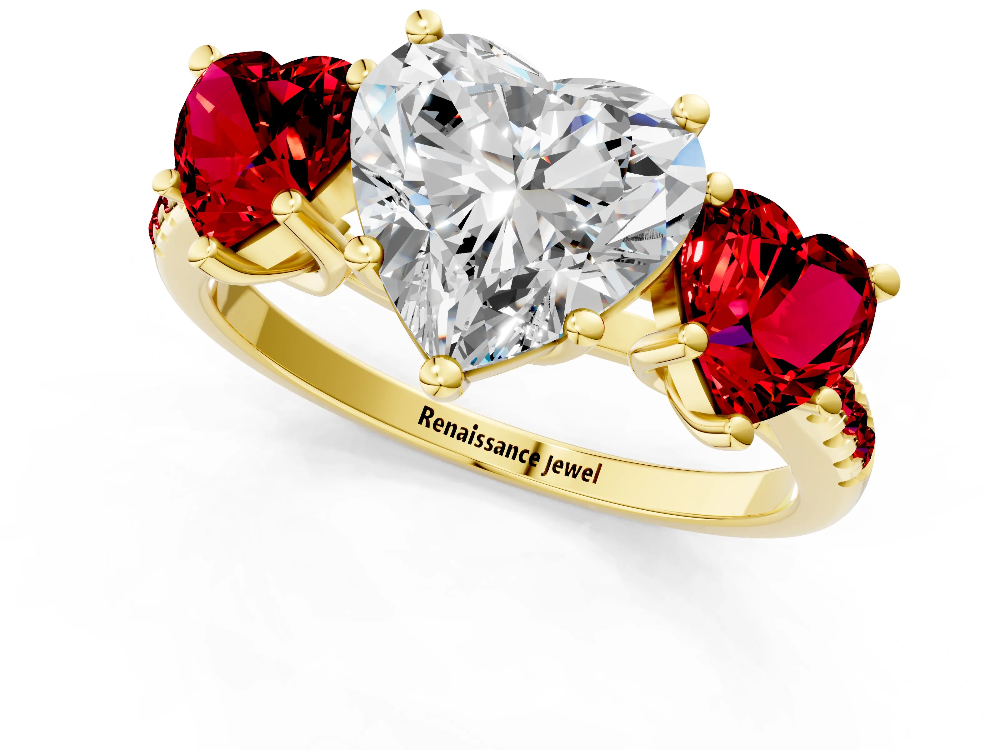 Yellow gold Three-Stone Heart Cut Diamond Ring with Round with Ruby side stone Pavé Band and Prong Setting_1