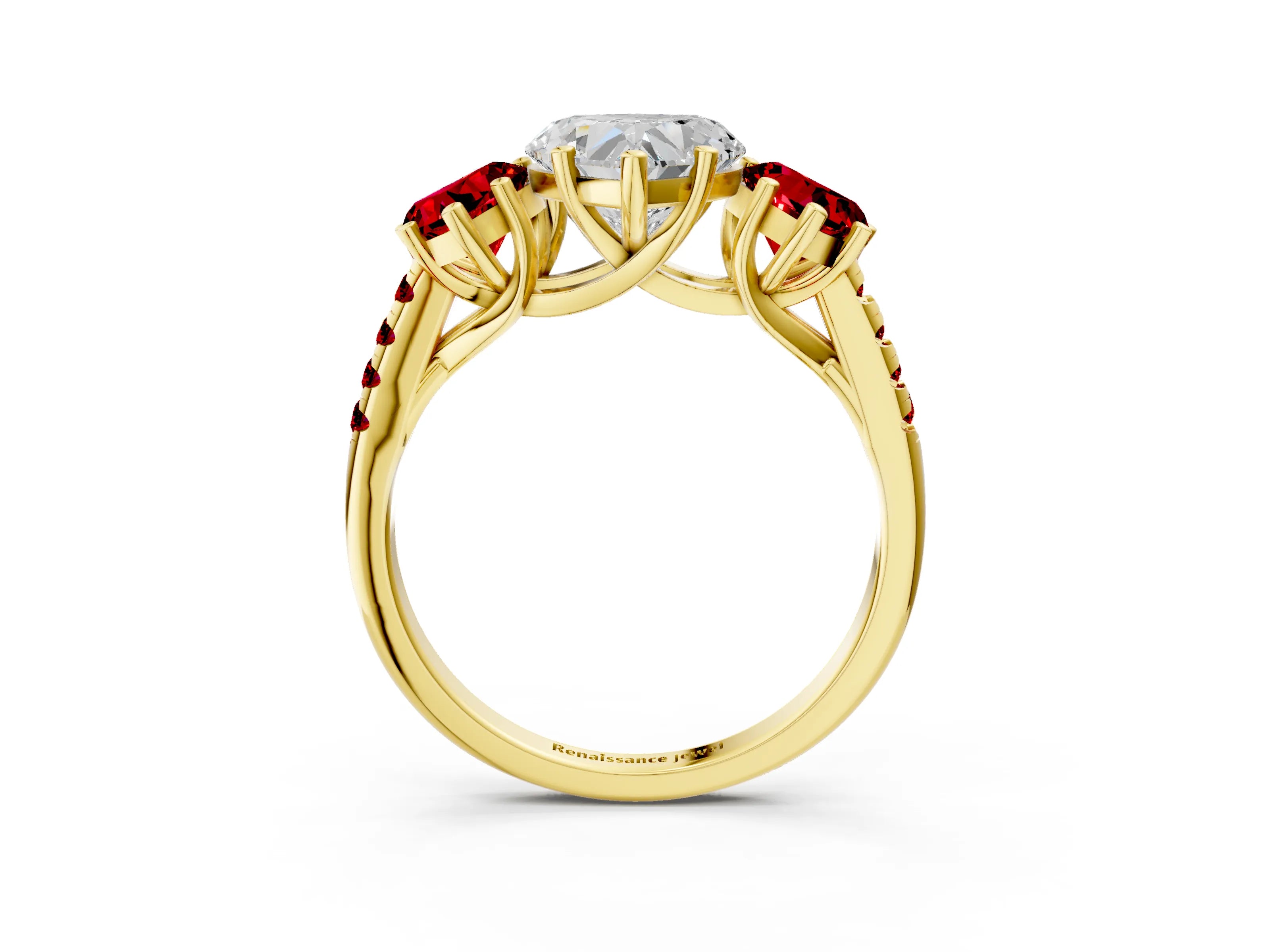 Yellow gold Three-Stone Heart Cut Diamond Ring with Round with Ruby side stone Pavé Band and Prong Setting_3