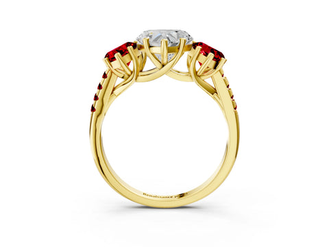 Yellow gold Three-Stone Heart Cut Diamond Ring with Round with Ruby side stone Pavé Band and Prong Setting_3
