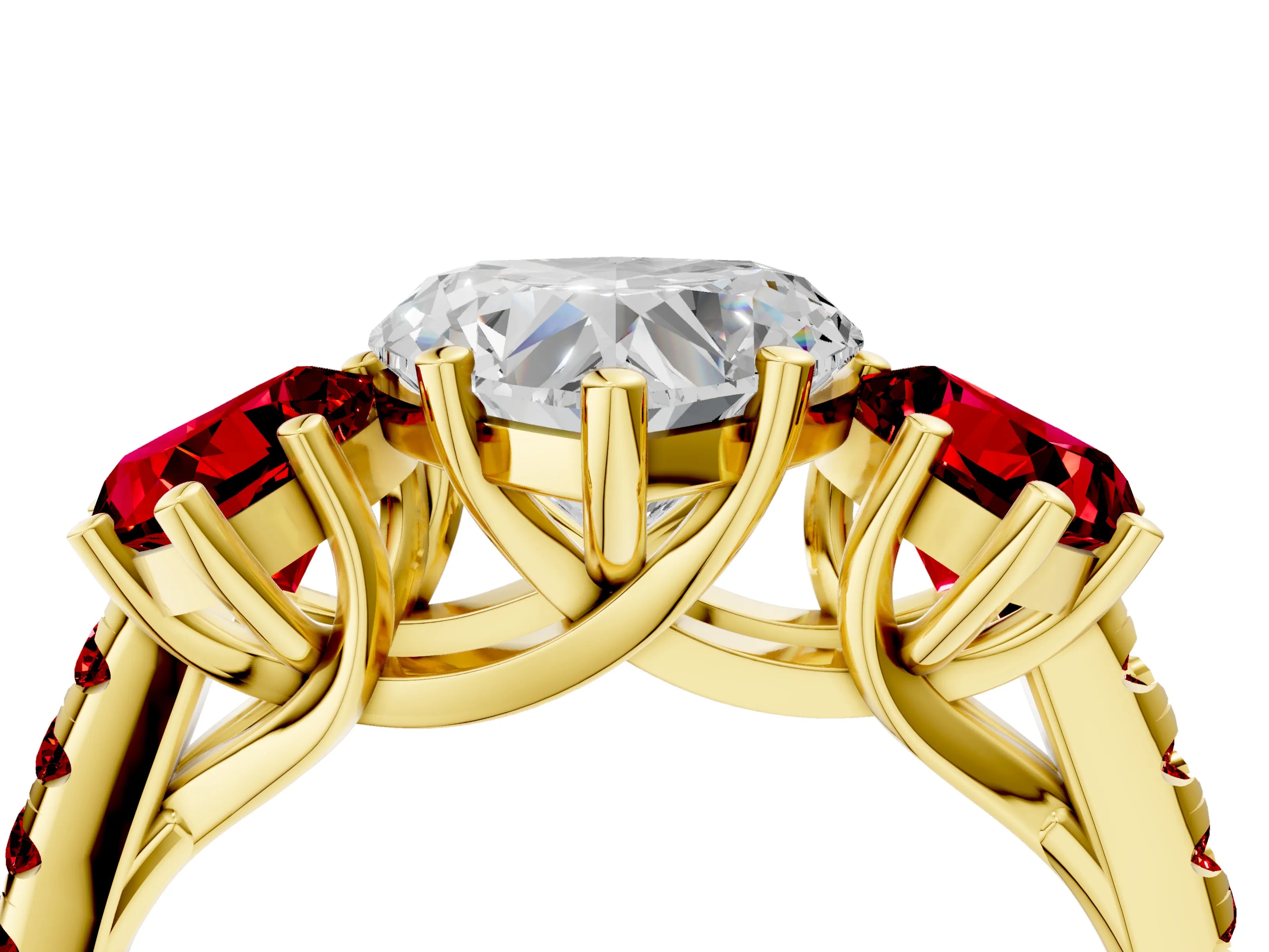 Yellow gold Three-Stone Heart Cut Diamond Ring with Round with Ruby side stone Pavé Band and Prong Setting_4