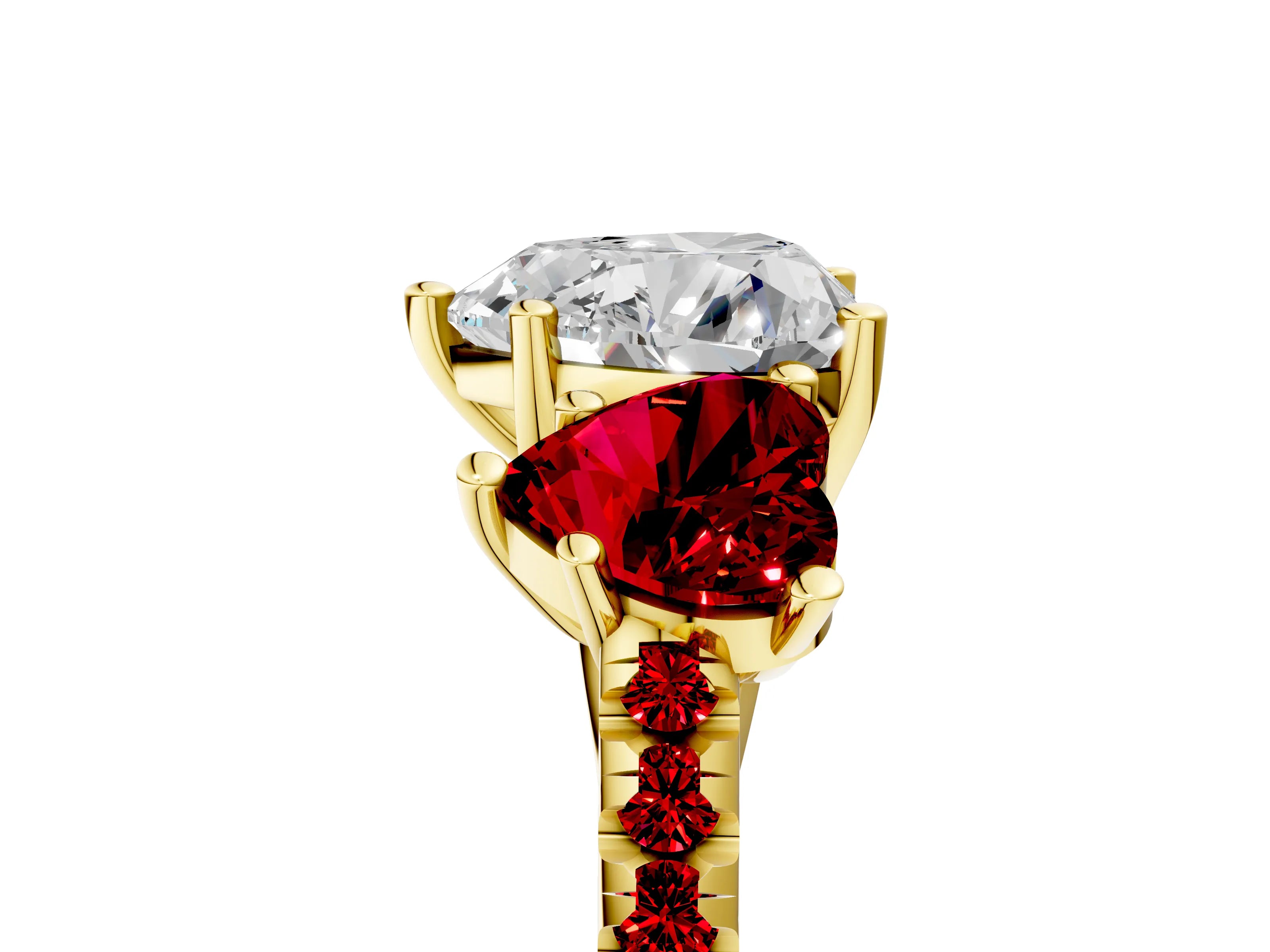 Yellow gold Three-Stone Heart Cut Diamond Ring with Round with Ruby side stone Pavé Band and Prong Setting_5