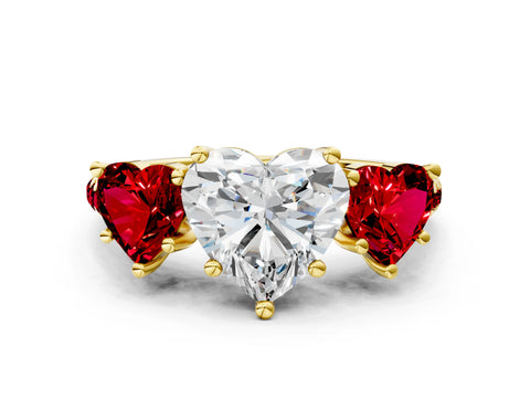 Yellow gold Three-Stone Heart Cut Diamond Ring with Round with Ruby side stone Pavé Band and Prong Setting