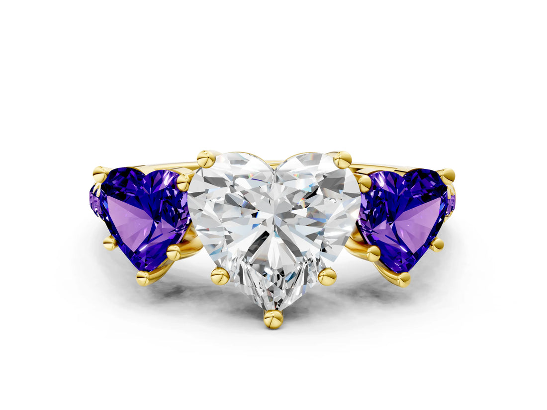Yellow gold Three-Stone Heart Cut Diamond Ring with Round with Tanzanite side stone Pavé Band and Prong Setting