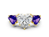 Yellow gold Three-Stone Heart Cut Diamond Ring with Round with Tanzanite side stone Pavé Band and Prong Setting