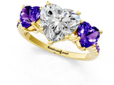 Yellow gold Three-Stone Heart Cut Diamond Ring with Round with Tanzanite side stone Pavé Band and Prong Setting_1