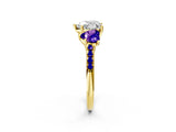 Yellow gold Three-Stone Heart Cut Diamond Ring with Round with Tanzanite side stone Pavé Band and Prong Setting_2