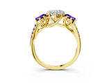 Yellow gold Three-Stone Heart Cut Diamond Ring with Round with Tanzanite side stone Pavé Band and Prong Setting_3