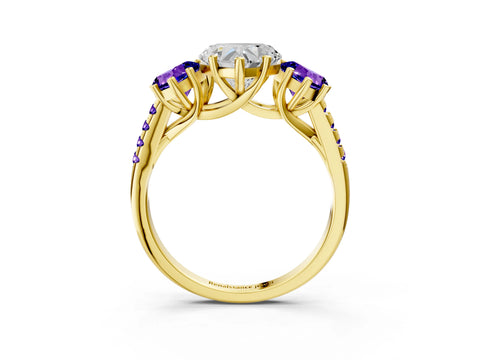Yellow gold Three-Stone Heart Cut Diamond Ring with Round with Tanzanite side stone Pavé Band and Prong Setting_3