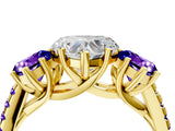 Yellow gold Three-Stone Heart Cut Diamond Ring with Round with Tanzanite side stone Pavé Band and Prong Setting_4