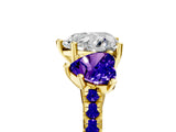 Yellow gold Three-Stone Heart Cut Diamond Ring with Round with Tanzanite side stone Pavé Band and Prong Setting_5