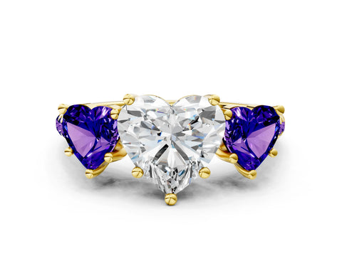 Yellow gold Three-Stone Heart Cut Diamond Ring with Round with Tanzanite side stone Pavé Band and Prong Setting