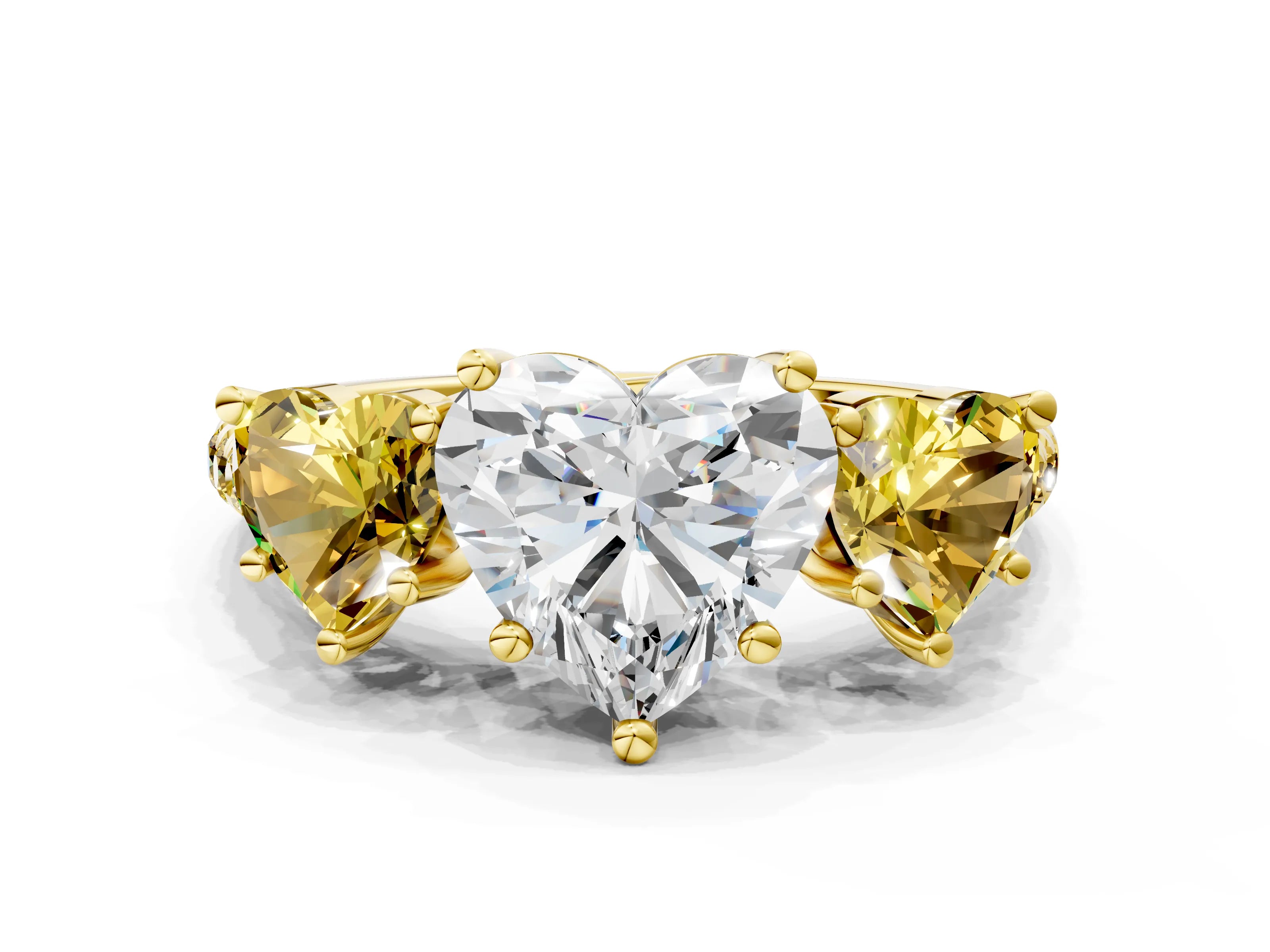 Yellow gold Three-Stone Heart Cut Diamond Ring with Round with Yellow Sapphire side stone Pavé Band and Prong Setting