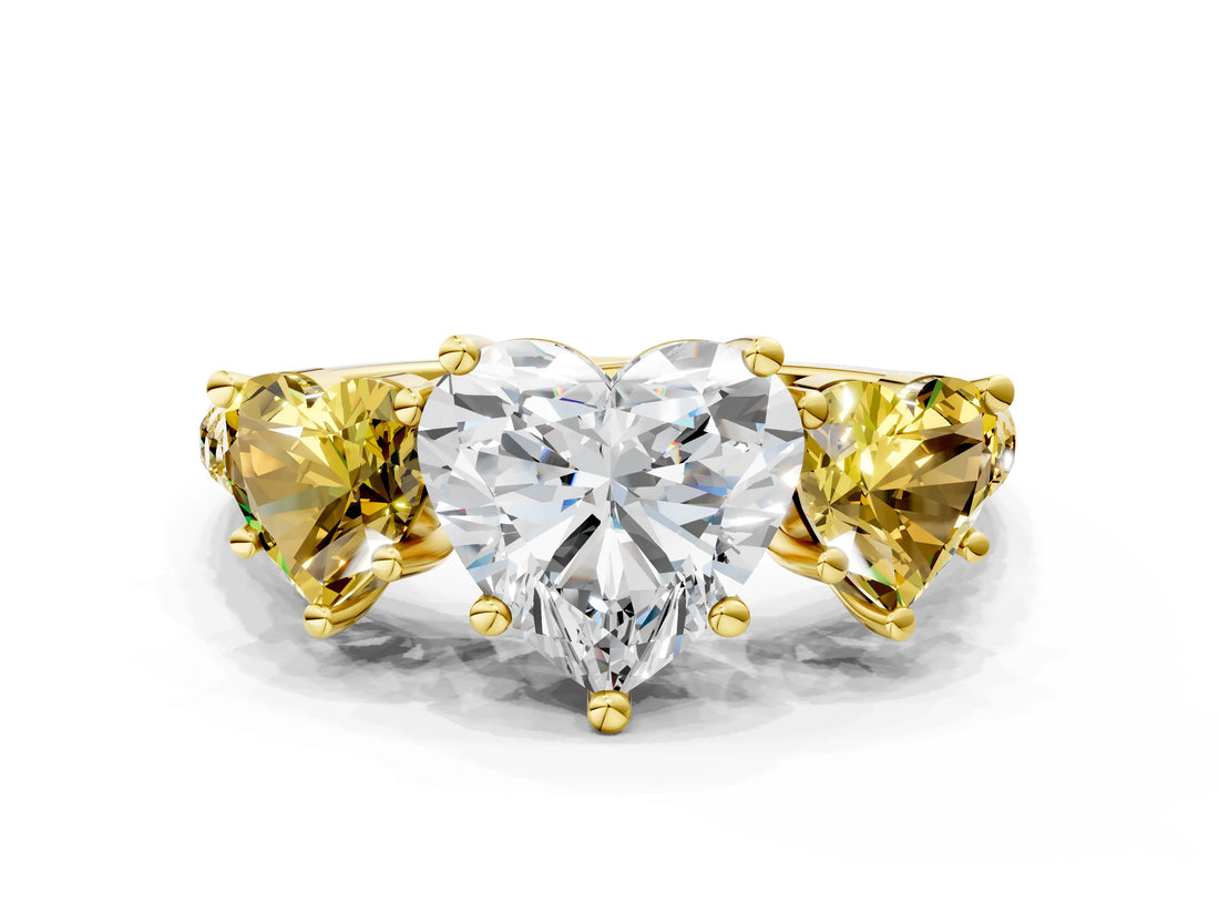 Yellow gold Three-Stone Heart Cut Diamond Ring with Round with Yellow Sapphire side stone Pavé Band and Prong Setting