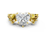 Yellow gold Three-Stone Heart Cut Diamond Ring with Round with Yellow Sapphire side stone Pavé Band and Prong Setting