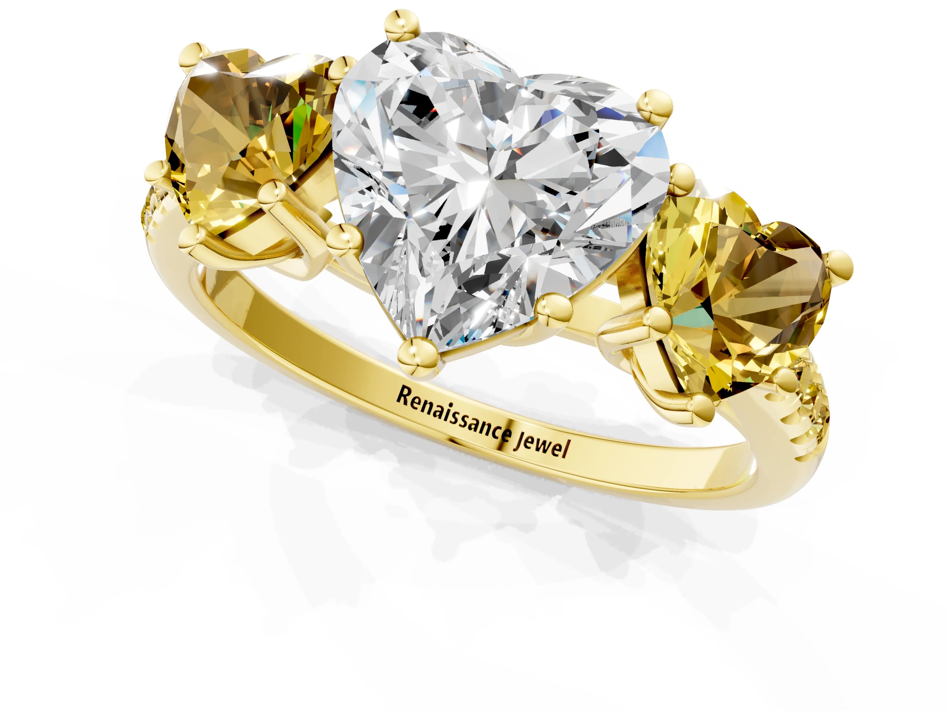 Yellow gold Three-Stone Heart Cut Diamond Ring with Round with Yellow Sapphire side stone Pavé Band and Prong Setting_1