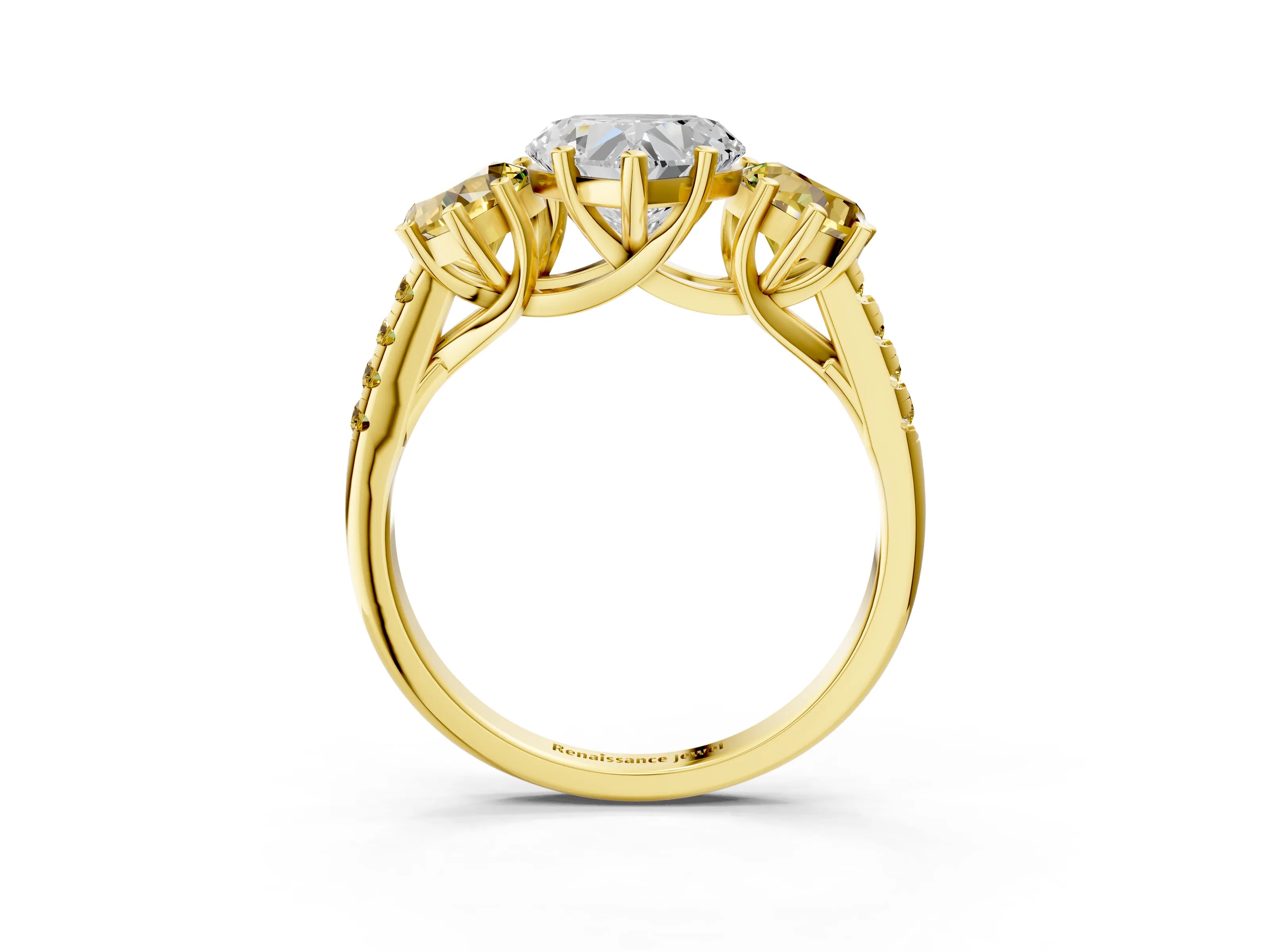 Yellow gold Three-Stone Heart Cut Diamond Ring with Round with Yellow Sapphire side stone Pavé Band and Prong Setting_3