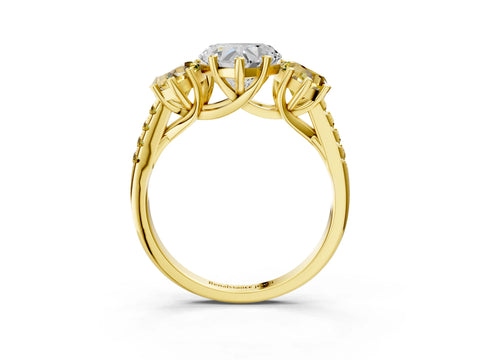 Yellow gold Three-Stone Heart Cut Diamond Ring with Round with Yellow Sapphire side stone Pavé Band and Prong Setting_3