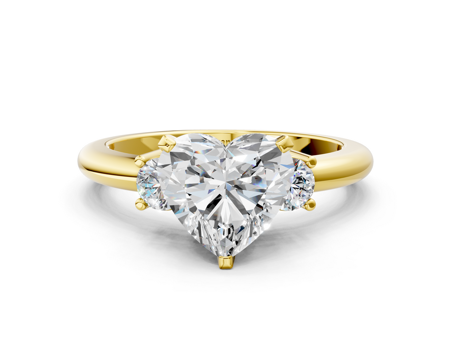 Yellow gold Three-Stone Heart Cut Diamond Solitaire with Prong Setting and Classic Band