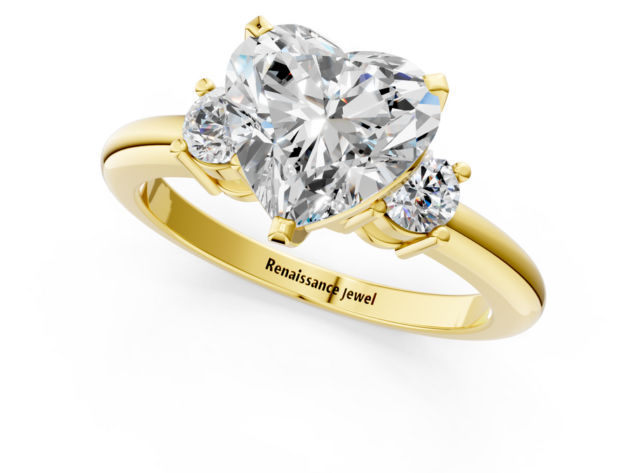 Yellow gold Three-Stone Heart Cut Diamond Solitaire with Prong Setting and Classic Band
