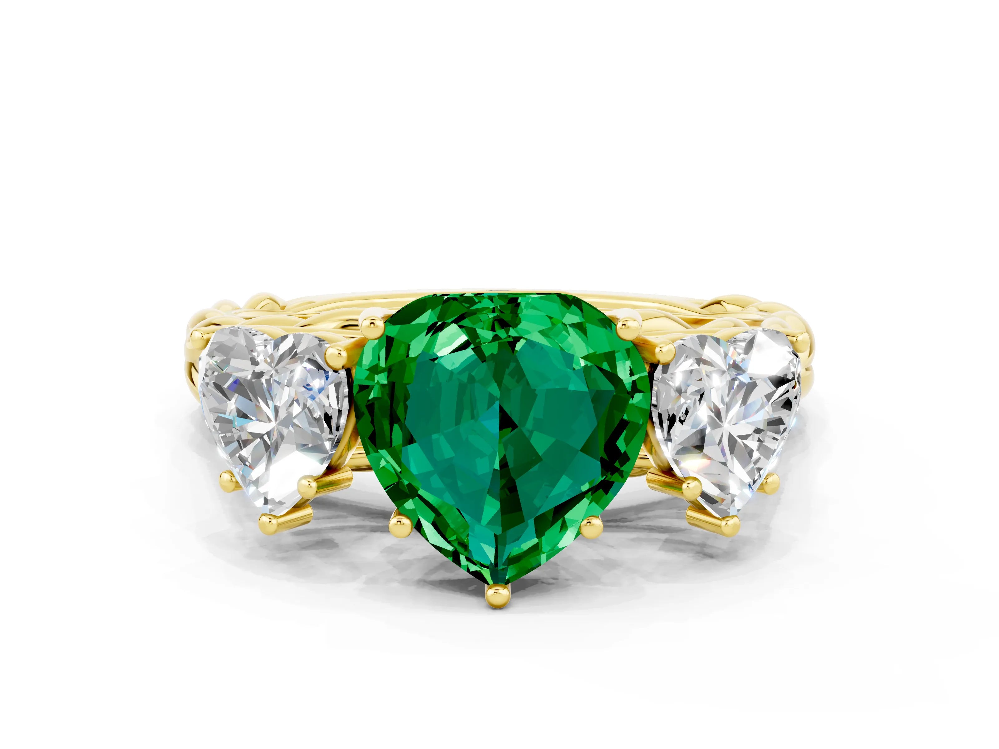 Yellow gold Three-Stone Heart Cut Emerald Braided Band Ring with Four-Prong Setting_12