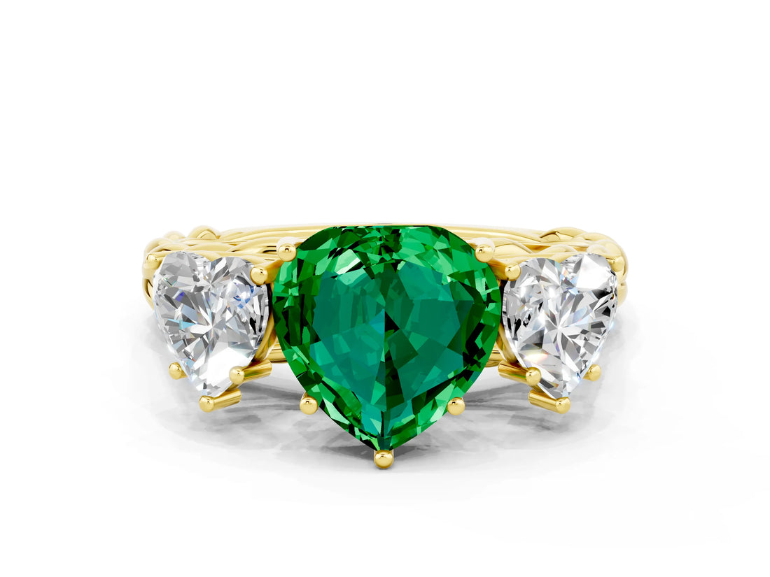 Yellow gold Three-Stone Heart Cut Emerald Braided Band Ring with Four-Prong Setting_12