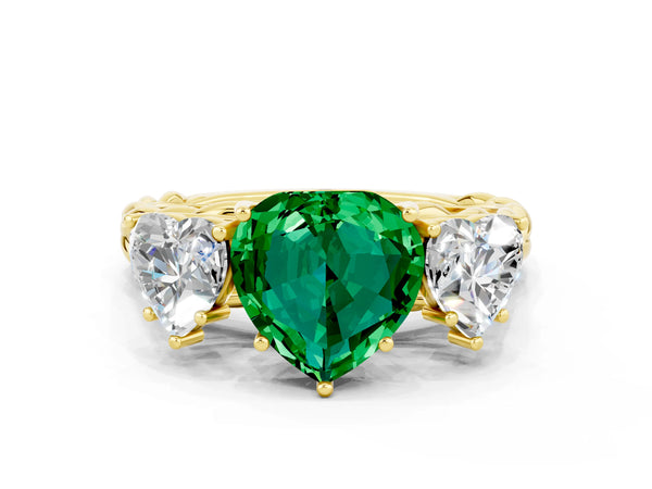 Yellow gold Three-Stone Heart Cut Emerald Braided Band Ring with Four-Prong Setting