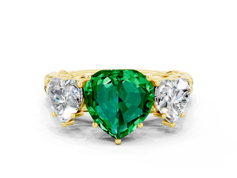 Yellow gold Three-Stone Heart Cut Emerald Braided Band Ring with Four-Prong Setting_12