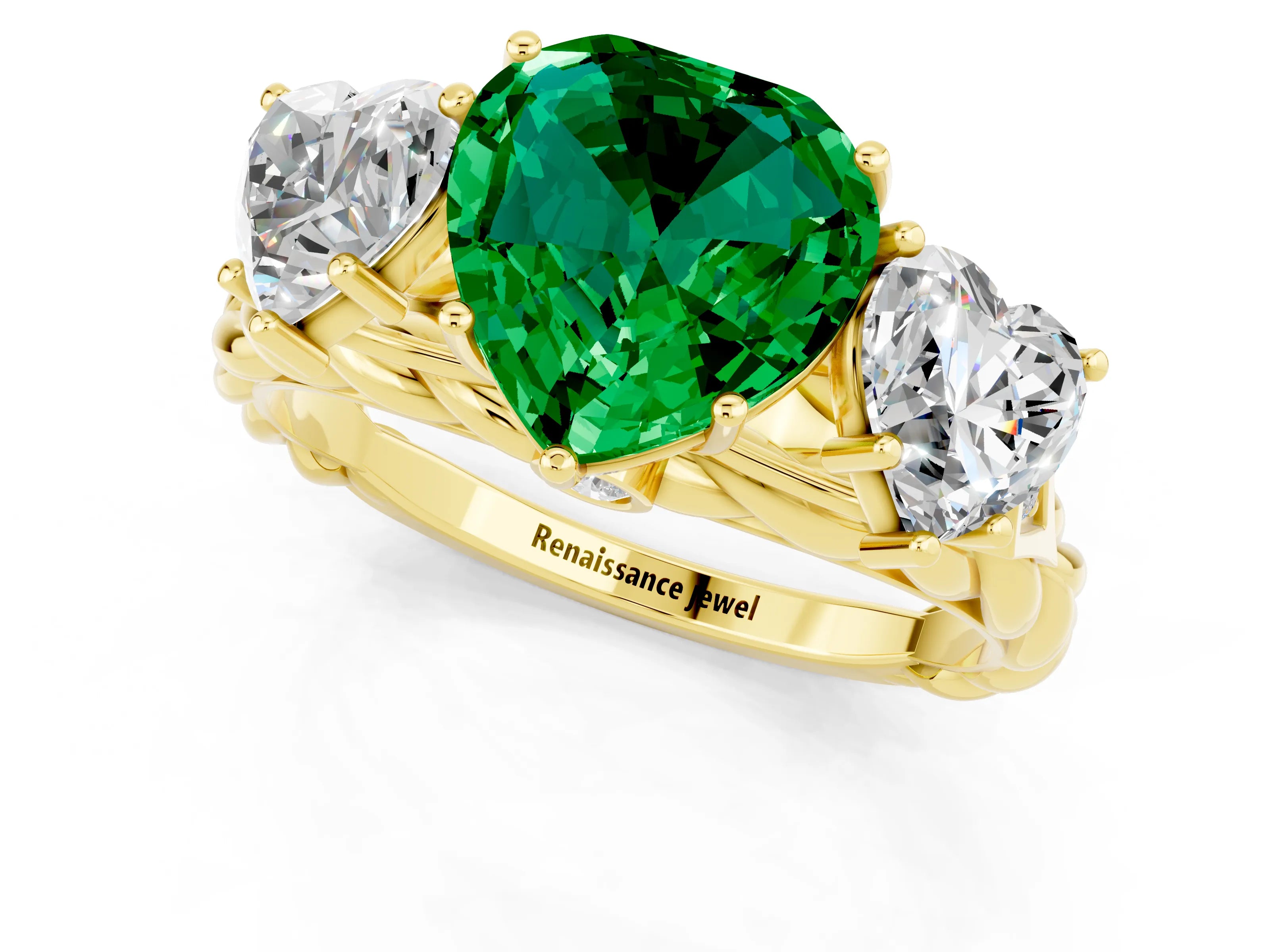 Yellow gold Three-Stone Heart Cut Emerald Braided Band Ring with Four-Prong Setting_13