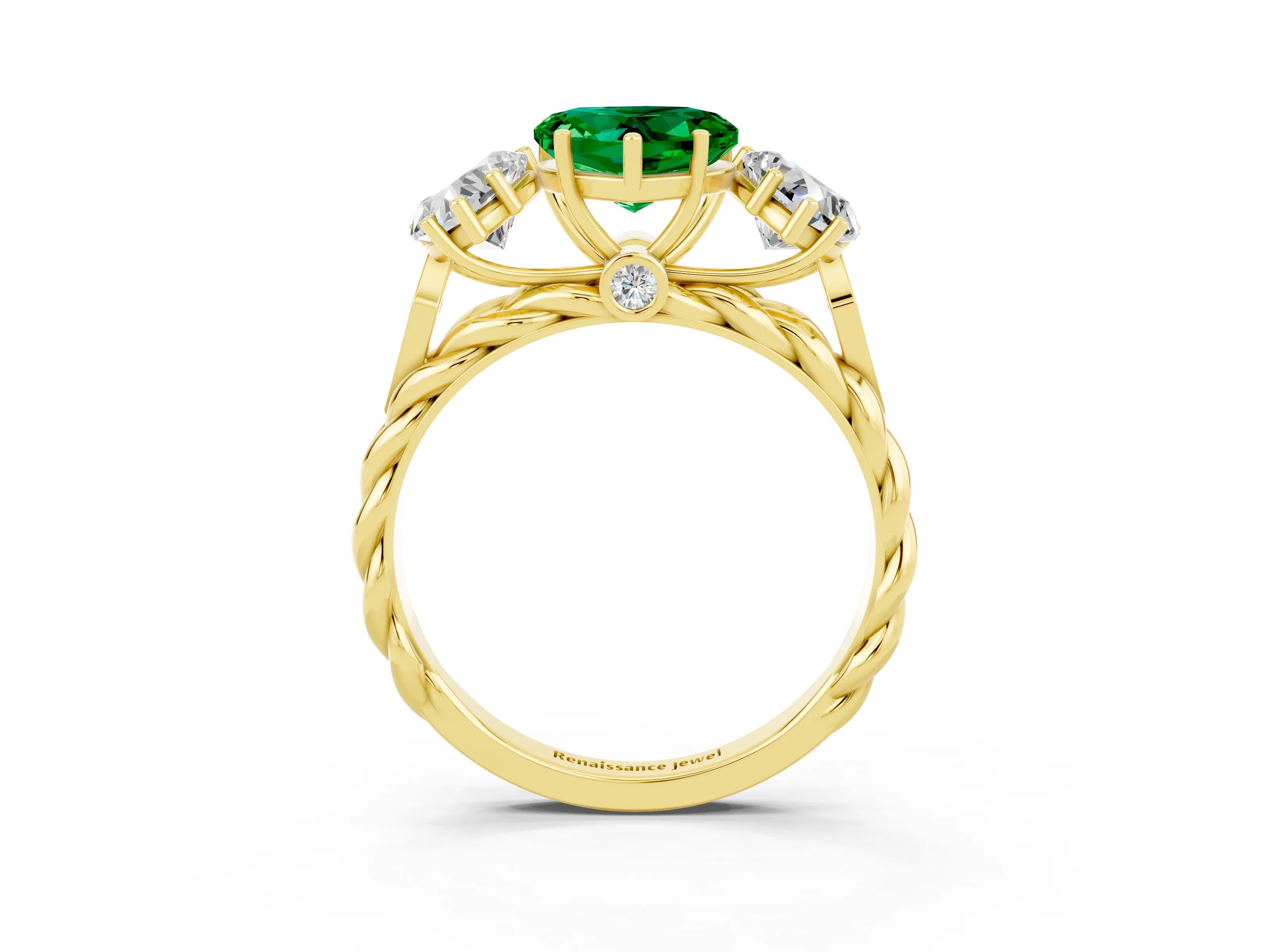 Yellow gold Three-Stone Heart Cut Emerald Braided Band Ring with Four-Prong Setting_15