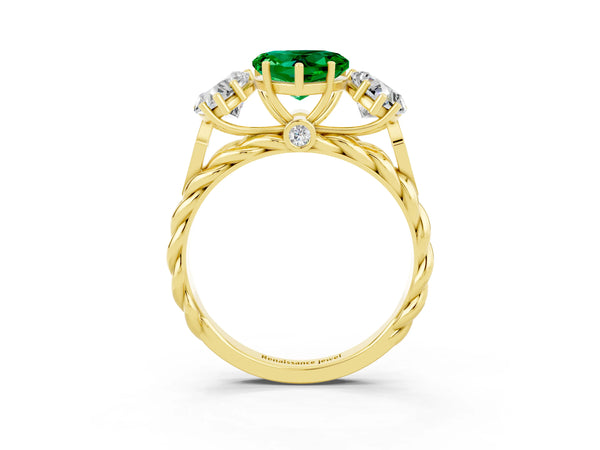Yellow gold Three-Stone Heart Cut Emerald Braided Band Ring with Four-Prong Setting