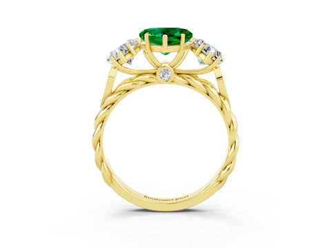 Yellow gold Three-Stone Heart Cut Emerald Braided Band Ring with Four-Prong Setting_15
