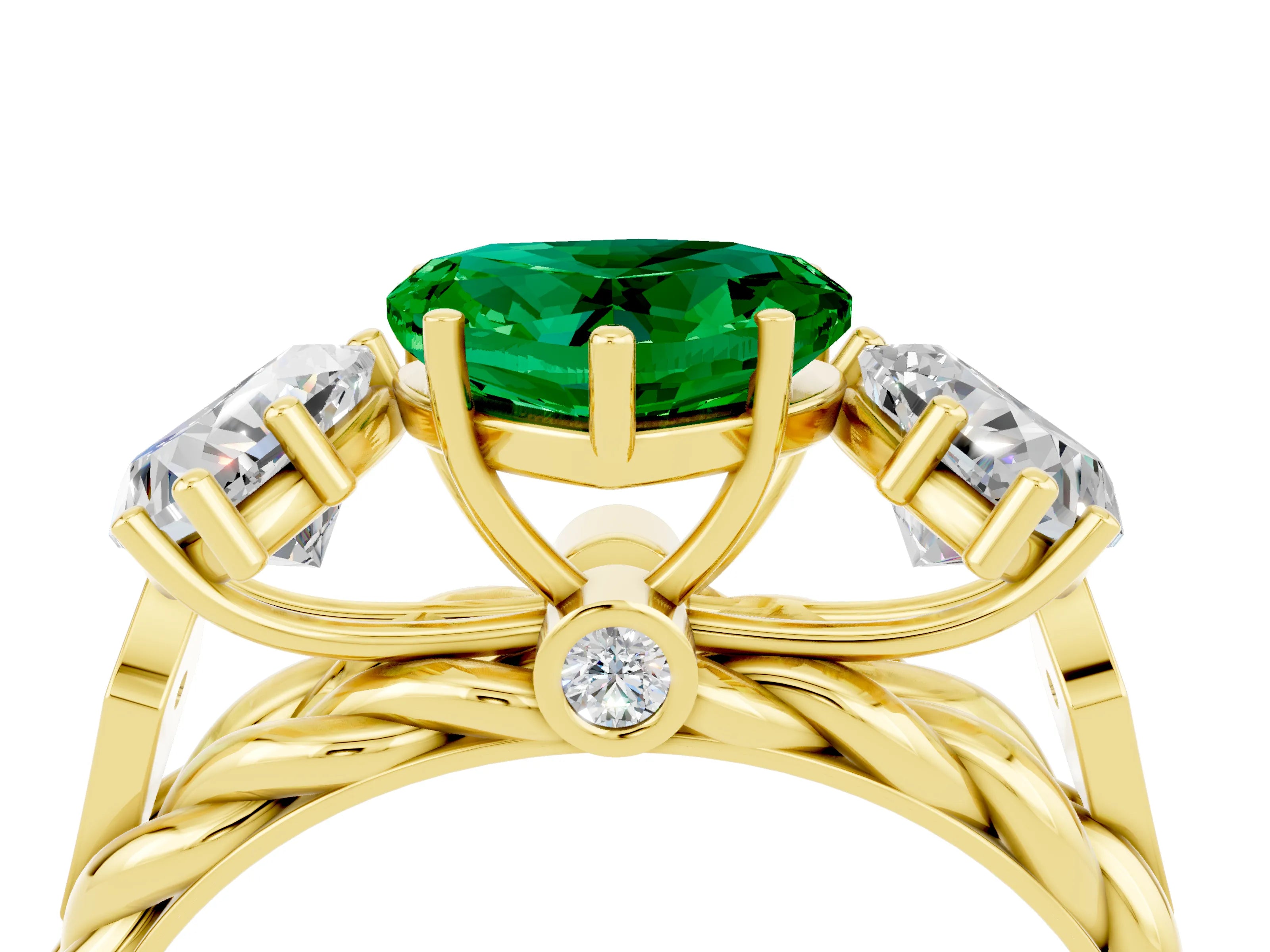 Yellow gold Three-Stone Heart Cut Emerald Braided Band Ring with Four-Prong Setting_16