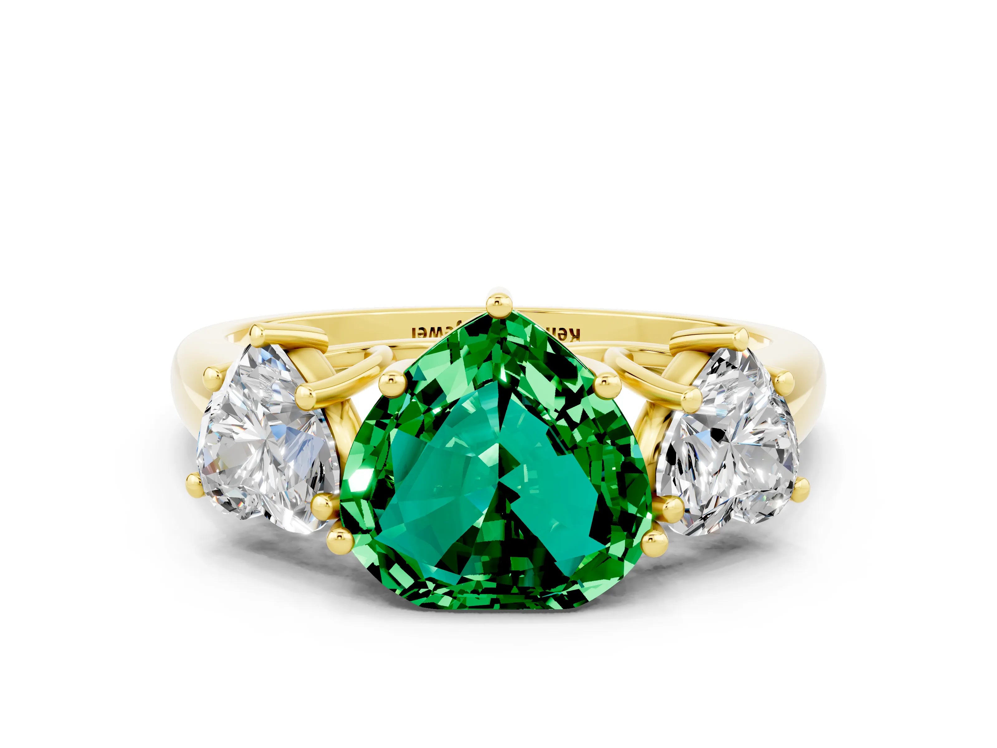 Yellow gold Three-Stone Heart Cut Emerald Engagement Ring with Prong Setting