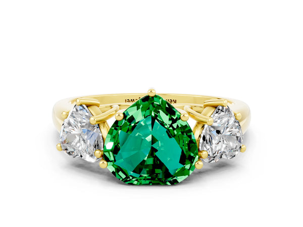 Yellow gold Three-Stone Heart Cut Emerald Engagement Ring with Prong Setting