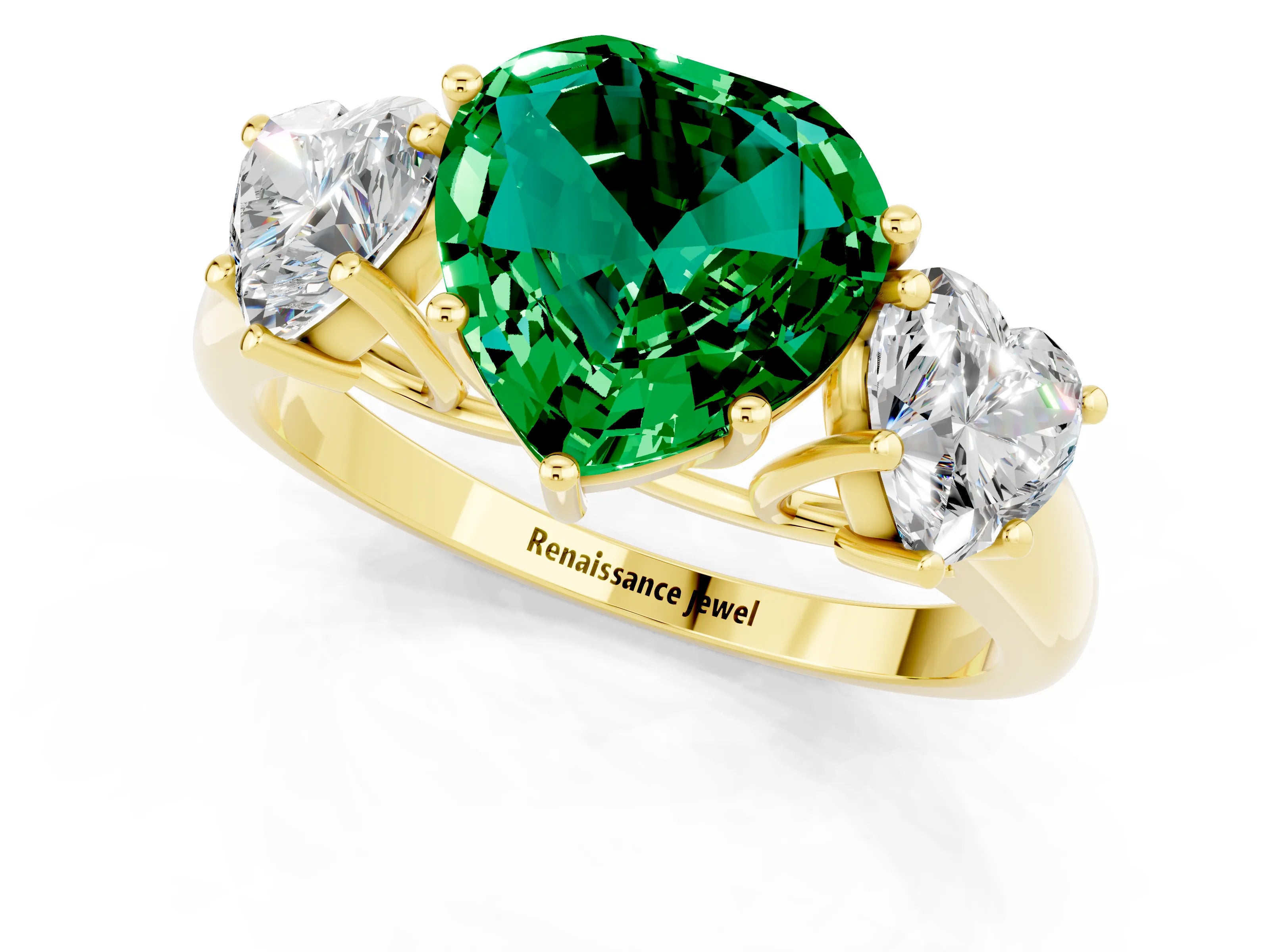 Yellow gold Three-Stone Heart Cut Emerald Engagement Ring with Prong Setting_1