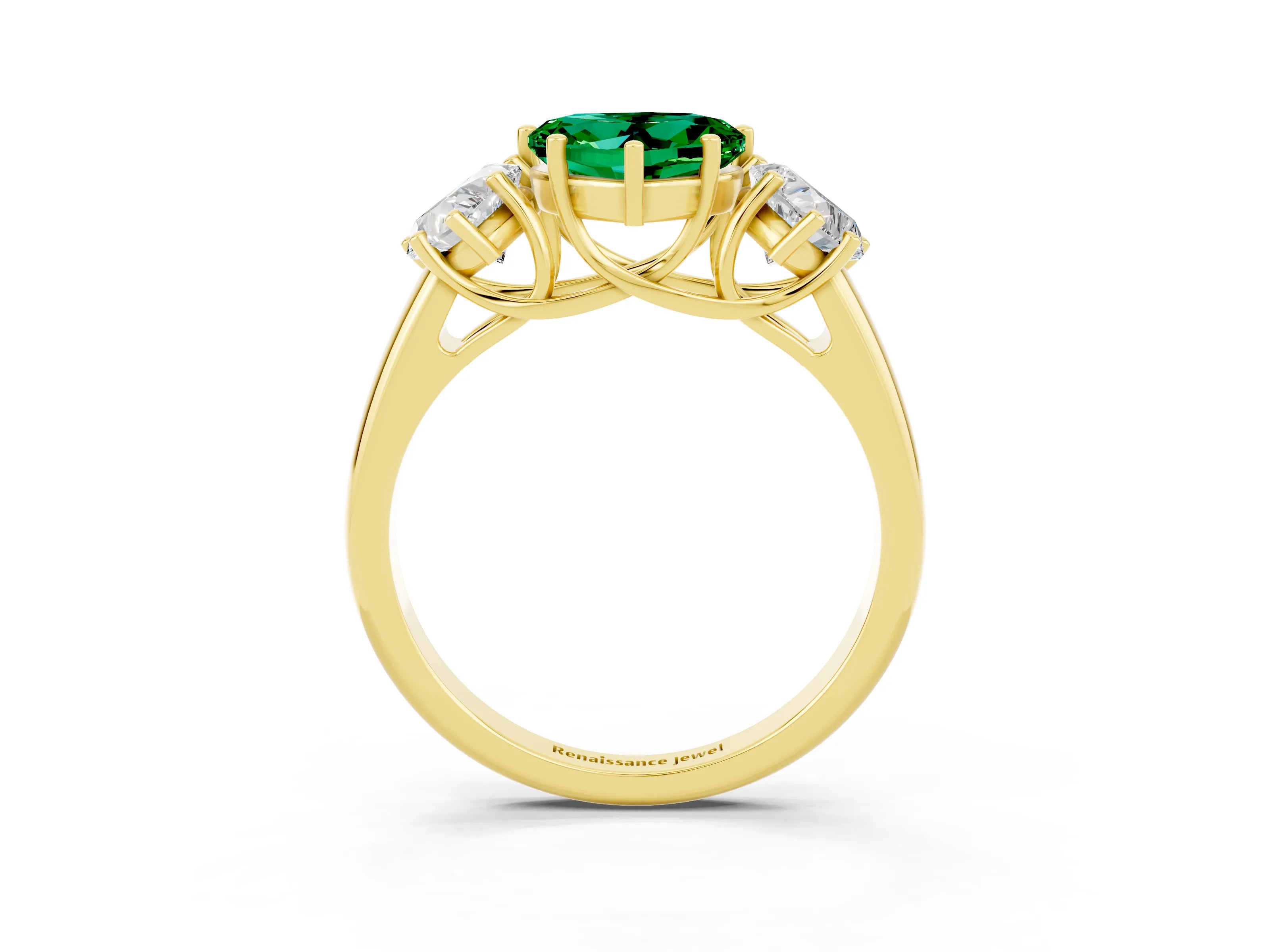 Yellow gold Three-Stone Heart Cut Emerald Engagement Ring with Prong Setting_3