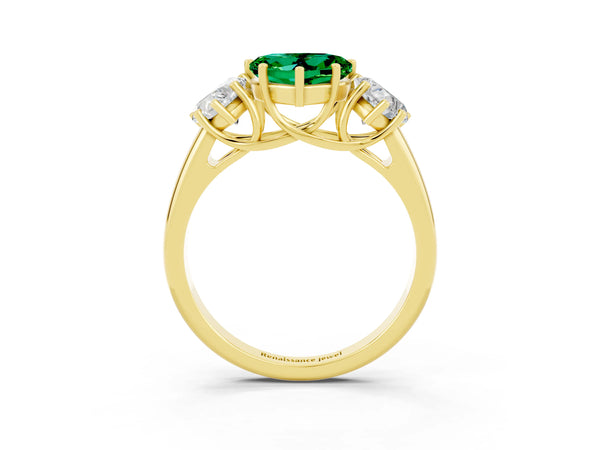 Yellow gold Three-Stone Heart Cut Emerald Engagement Ring with Prong Setting