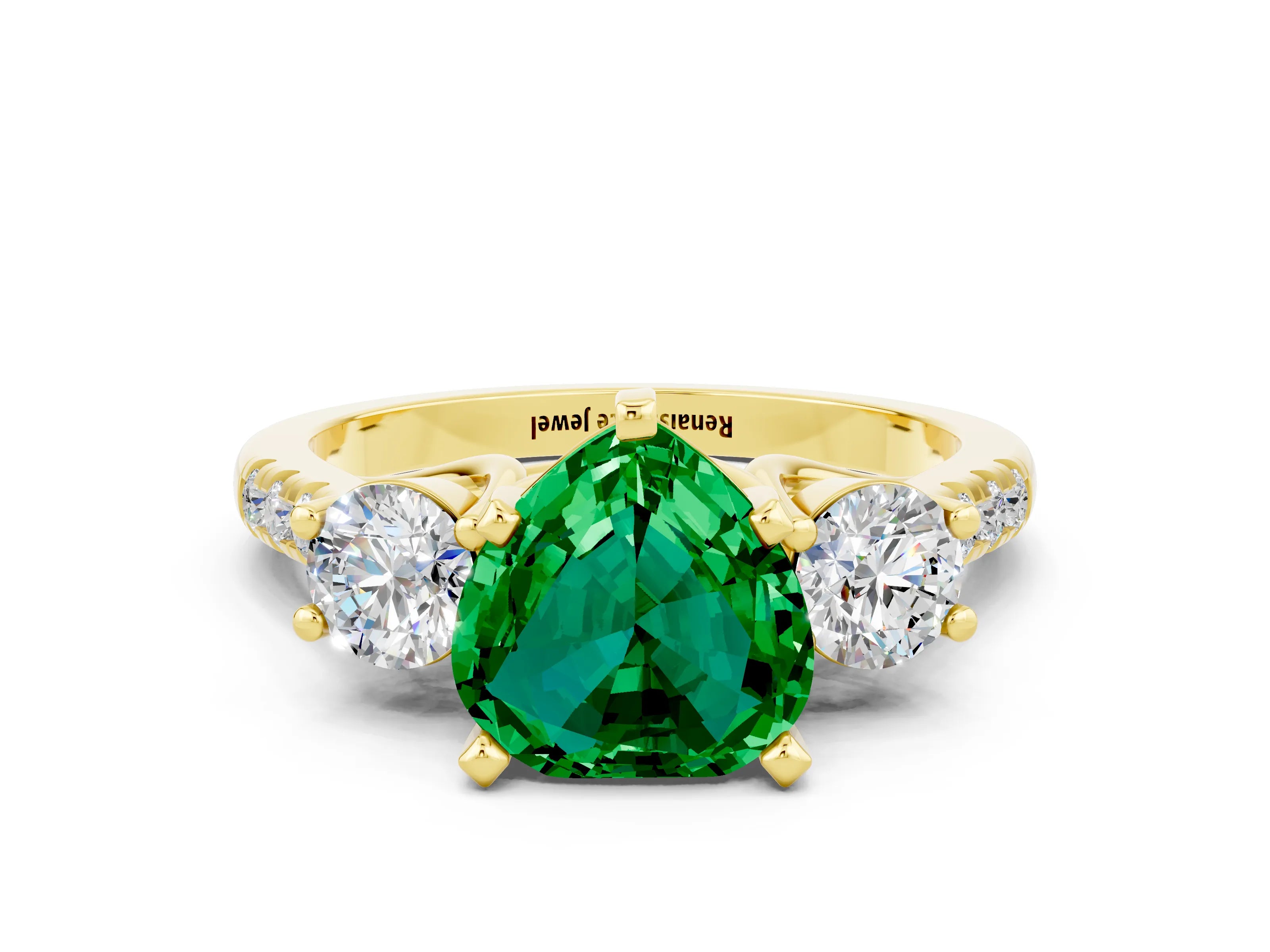 Yellow gold Three-Stone Heart Cut Emerald Pavé Band with Four-Prong Setting