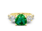 Yellow gold Three-Stone Heart Cut Emerald Pavé Band with Four-Prong Setting