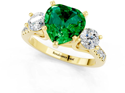 Yellow gold Three-Stone Heart Cut Emerald Pavé Band with Four-Prong Setting_1