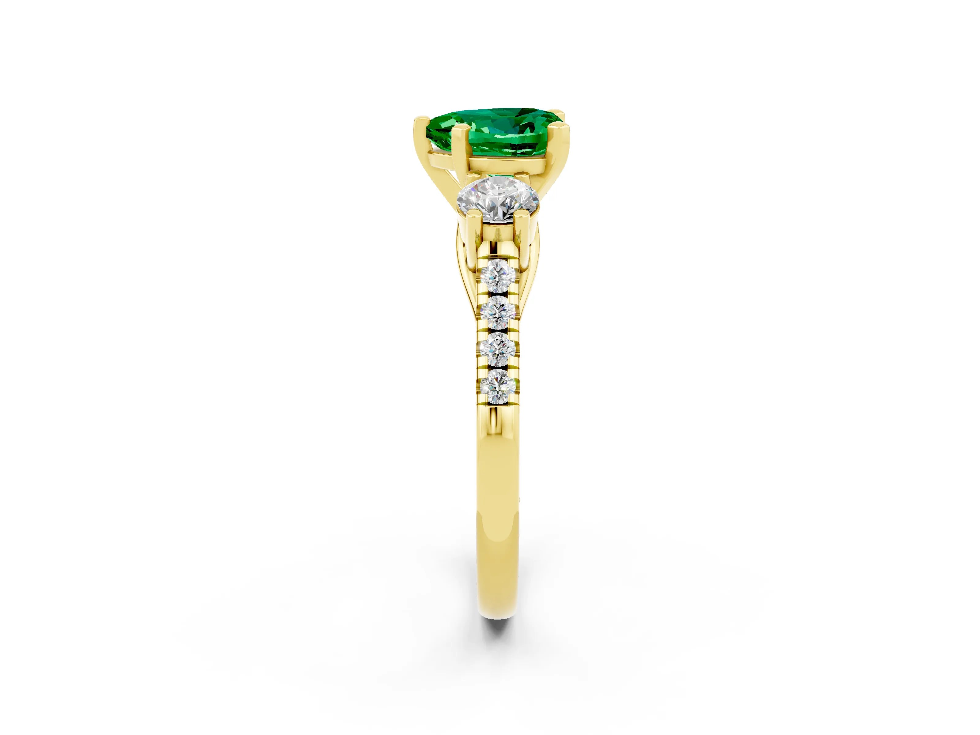 Yellow gold Three-Stone Heart Cut Emerald Pavé Band with Four-Prong Setting_2