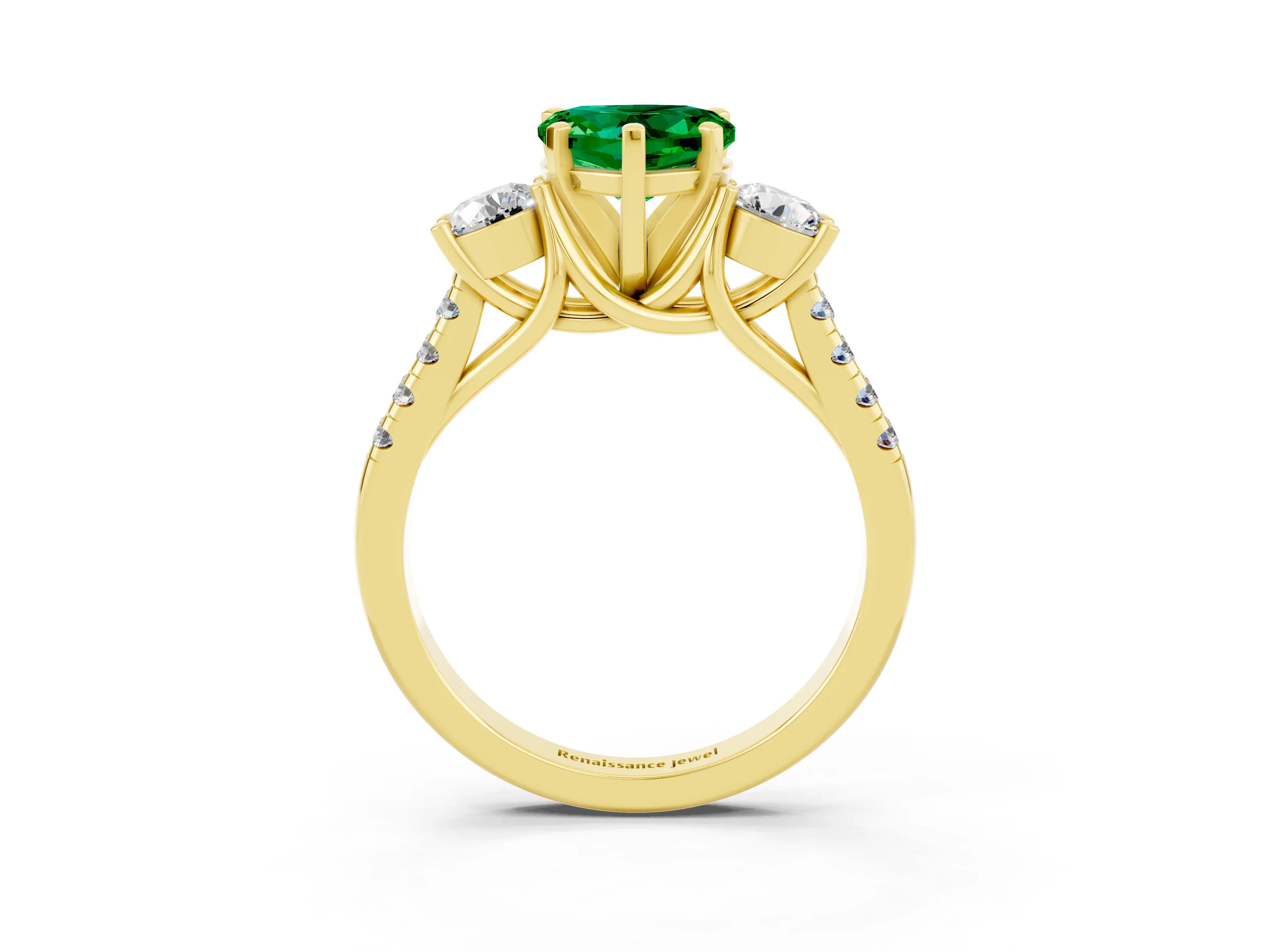 Yellow gold Three-Stone Heart Cut Emerald Pavé Band with Four-Prong Setting_3