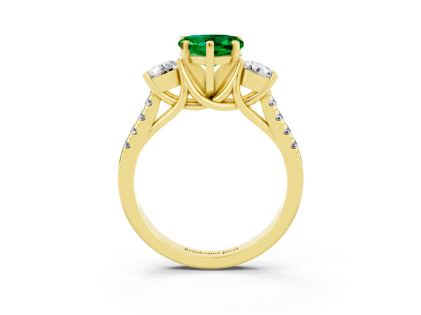 Yellow gold Three-Stone Heart Cut Emerald Pavé Band with Four-Prong Setting