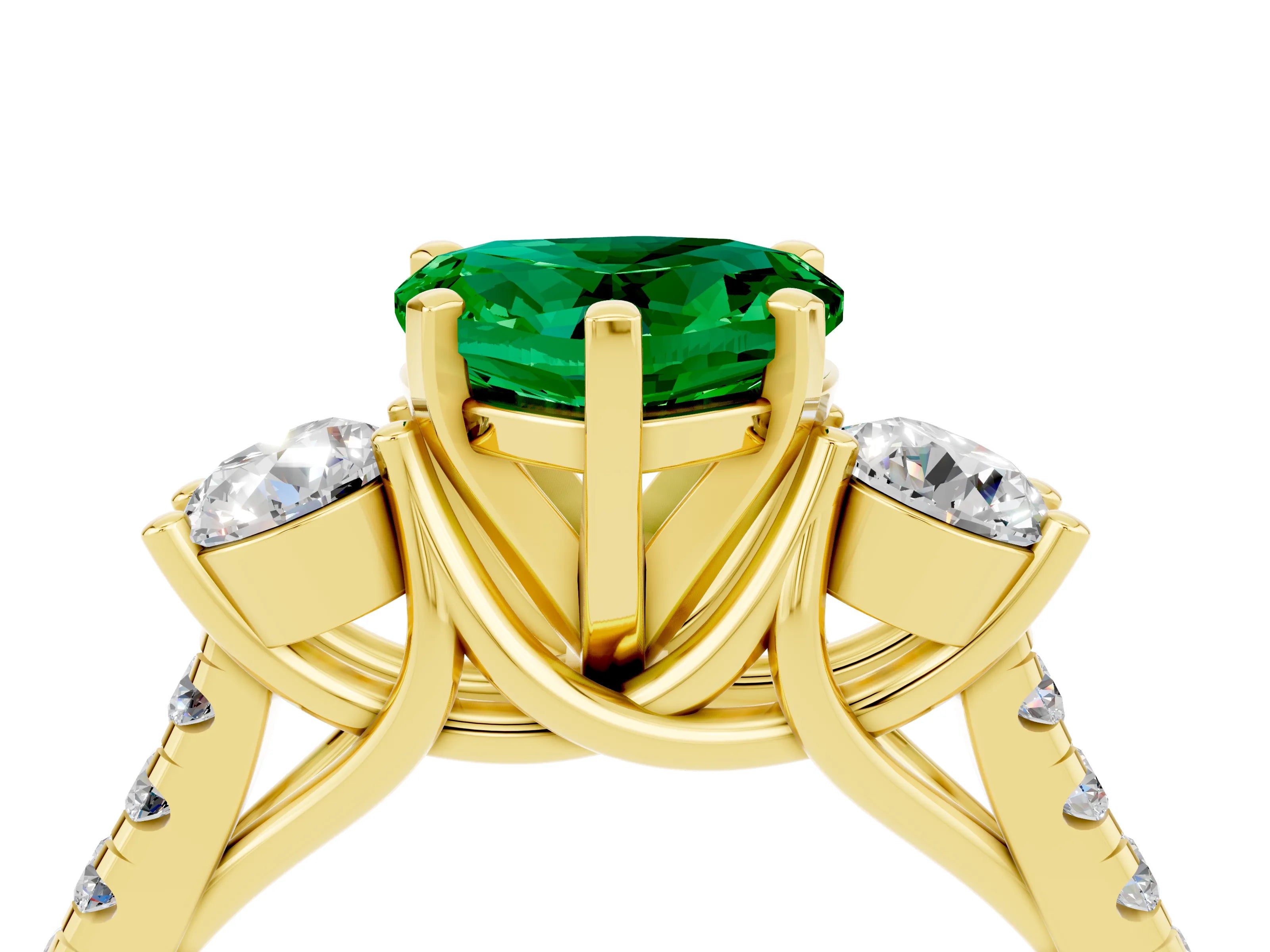 Yellow gold Three-Stone Heart Cut Emerald Pavé Band with Four-Prong Setting_4