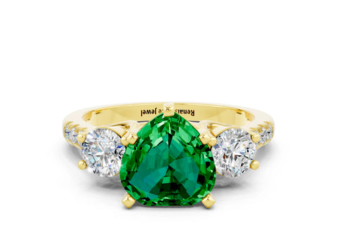 Yellow gold Three-Stone Heart Cut Emerald Pavé Band with Four-Prong Setting