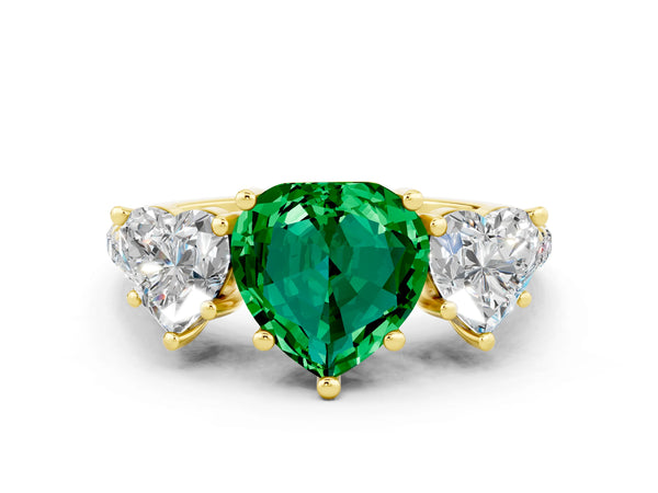 Yellow gold Three-Stone Heart Cut Emerald Ring with Round  Pavé Band and Prong Setting