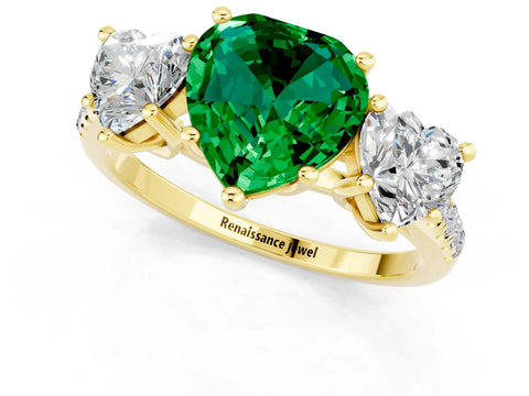 Yellow gold Three-Stone Heart Cut Emerald Ring with Pavé Band and Prong Setting_13