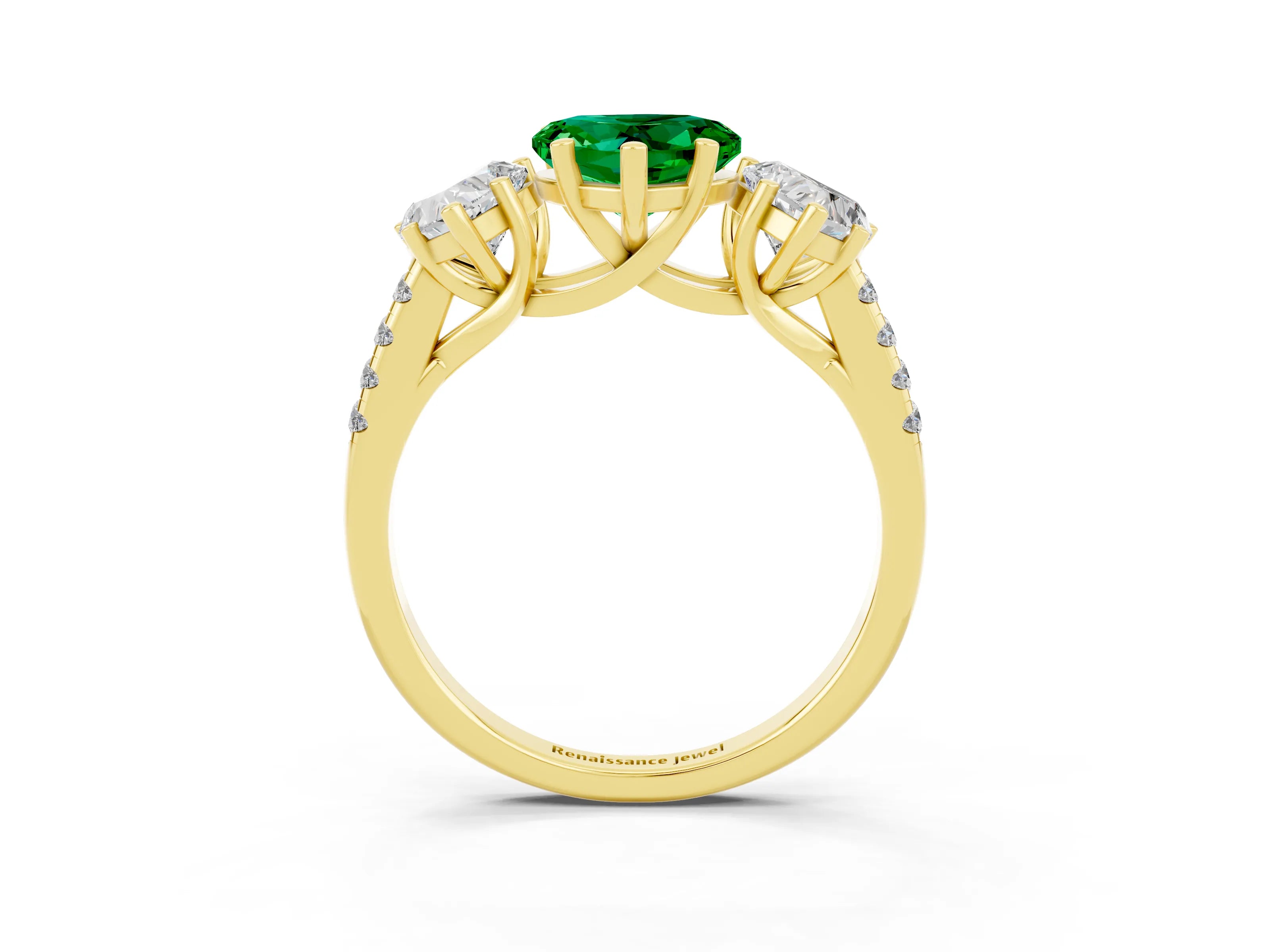 Yellow gold Three-Stone Heart Cut Emerald Ring with Pavé Band and Prong Setting_15
