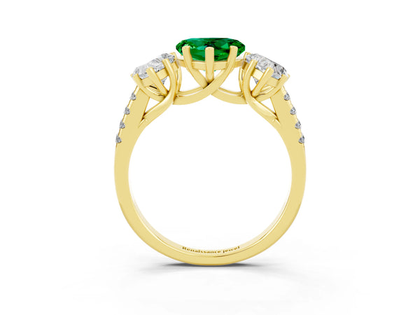 Yellow gold Three-Stone Heart Cut Emerald Ring with Round  Pavé Band and Prong Setting