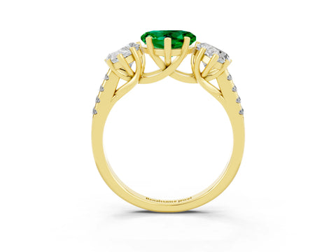 Yellow gold Three-Stone Heart Cut Emerald Ring with Pavé Band and Prong Setting_15